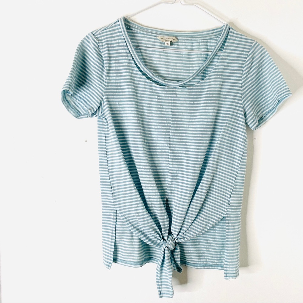 Lucky Brand Aqua White Stripe Seersucker Tie Front Top Cut-Out Neck